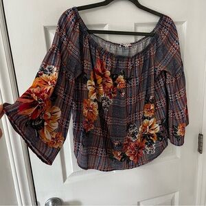 Jealous Tomato Floral Plaid Off-Shoulder Bell Sleeve Top Boho Hippie